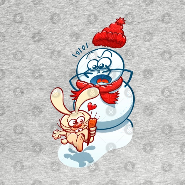 Naughty bunny stealing the carrot nose of a Christmas snowman by zooco